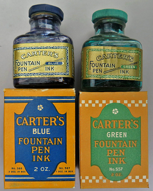 VINTAGE, PACKAGED, CARTER INK BOTTLES WITH CLEAN LABELS AND BOXES